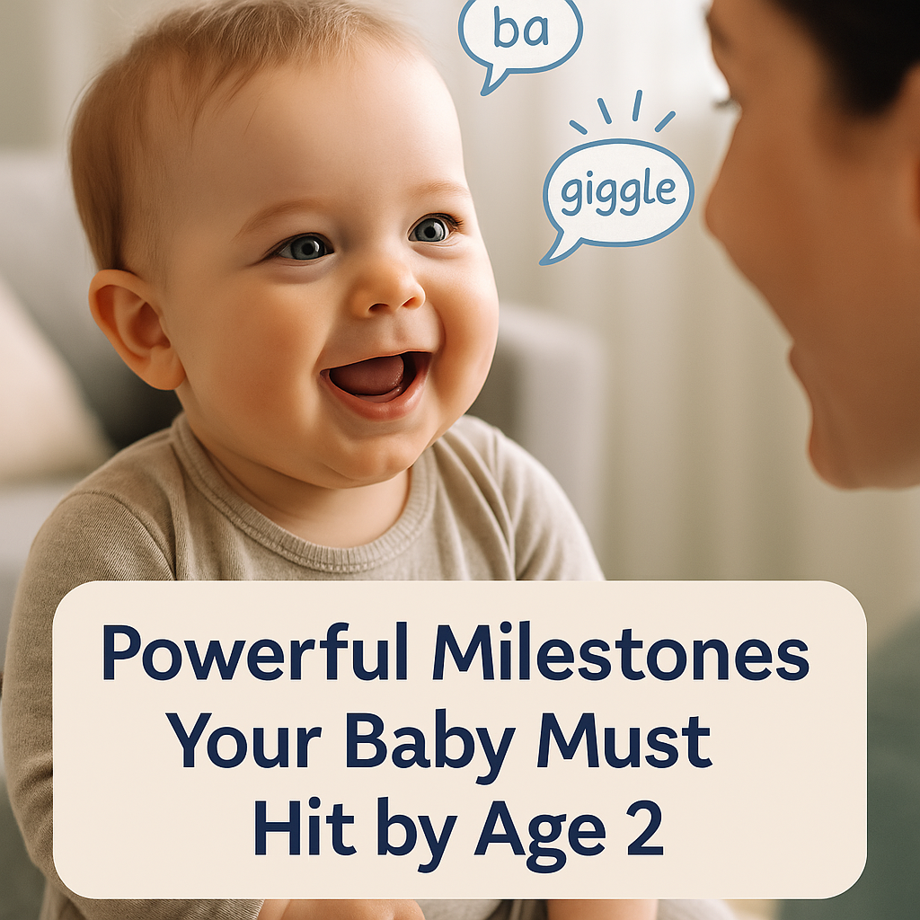 A happy baby babbling while making eye contact with a parent, with speech bubbles showing “mama,” “ba,” and giggles